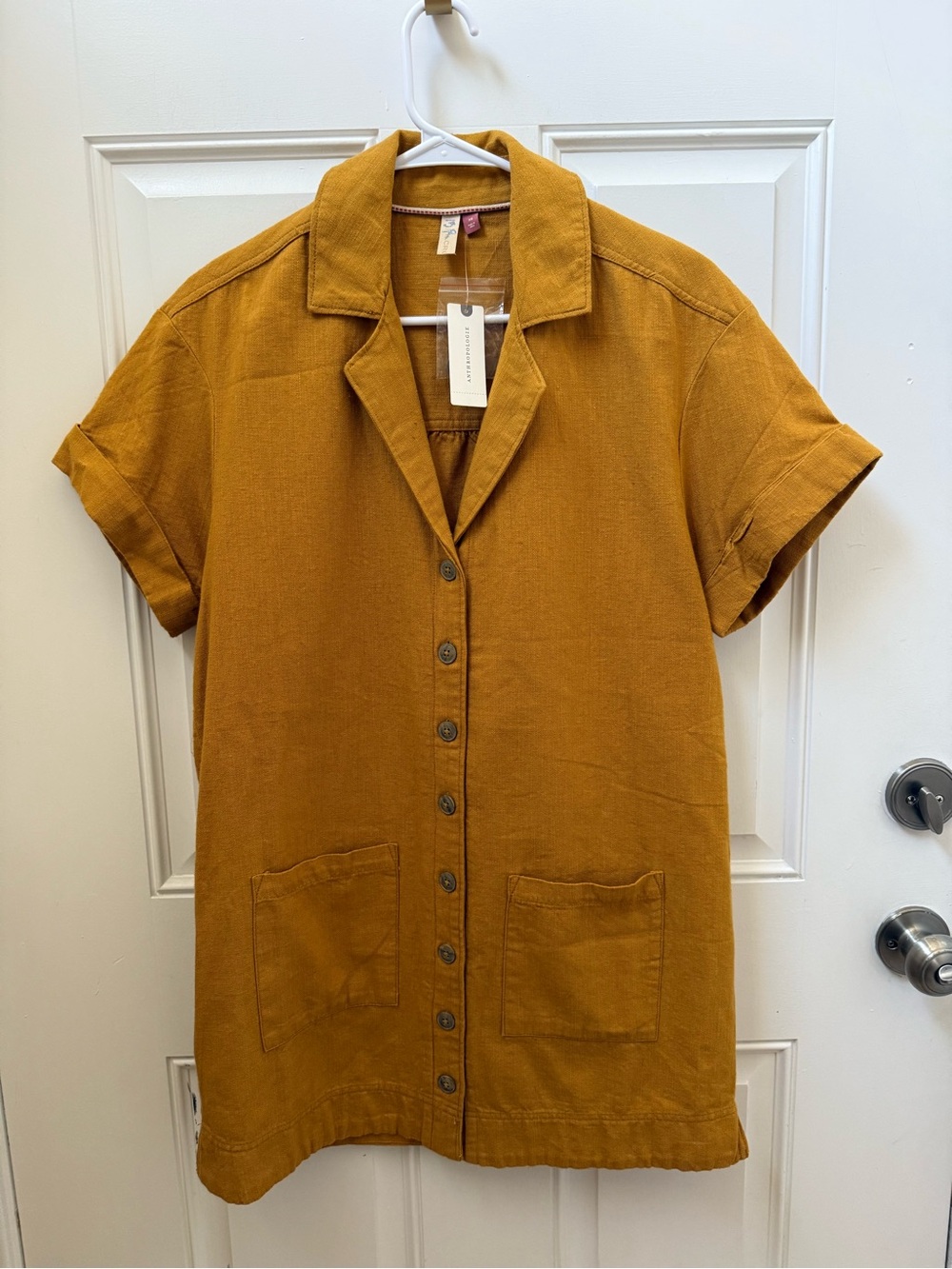 Anthropologie Mustard Linen-Blend Shirt Dress